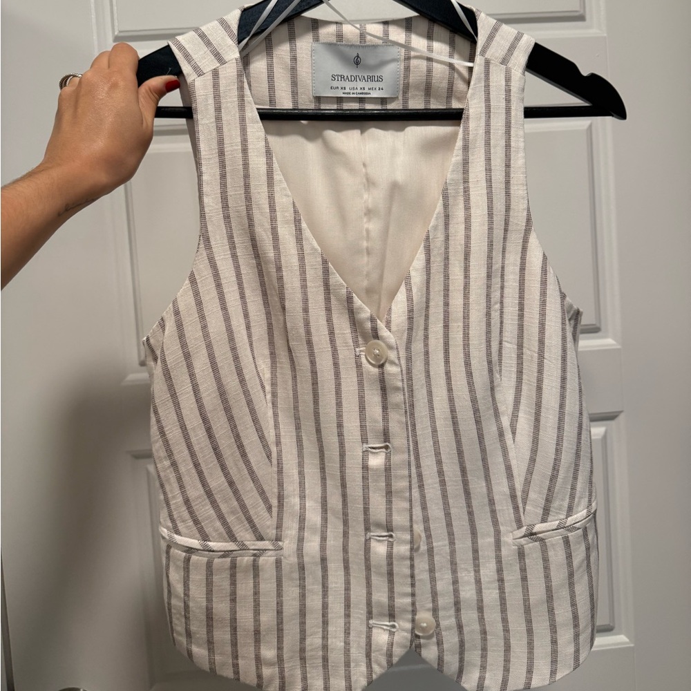 Stradivarius Beige and White Striped Vest